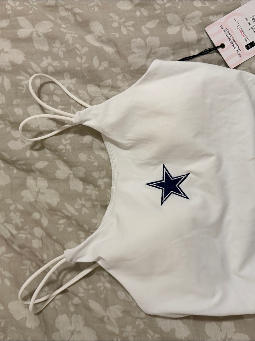 White Star-Embroidered Spaghetti Strap Crop Top